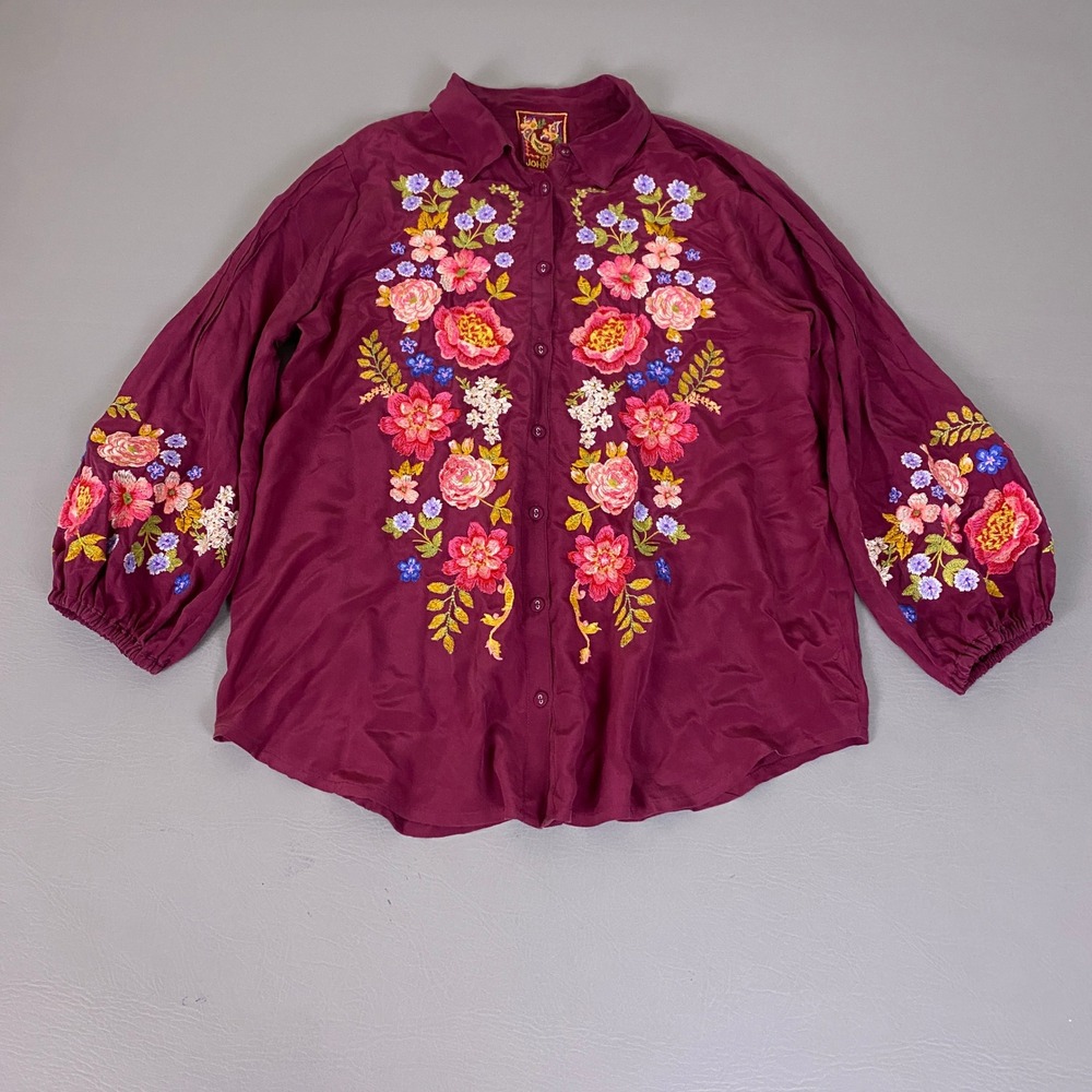 Johnny Was Silk Blouse Women's Size XS Embroidered Floral Button Front Burgundy